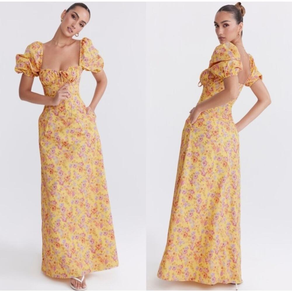 House of CB Felizia Butter Print Floral Puff Sleeve Maxi Dress XS Regular Cup